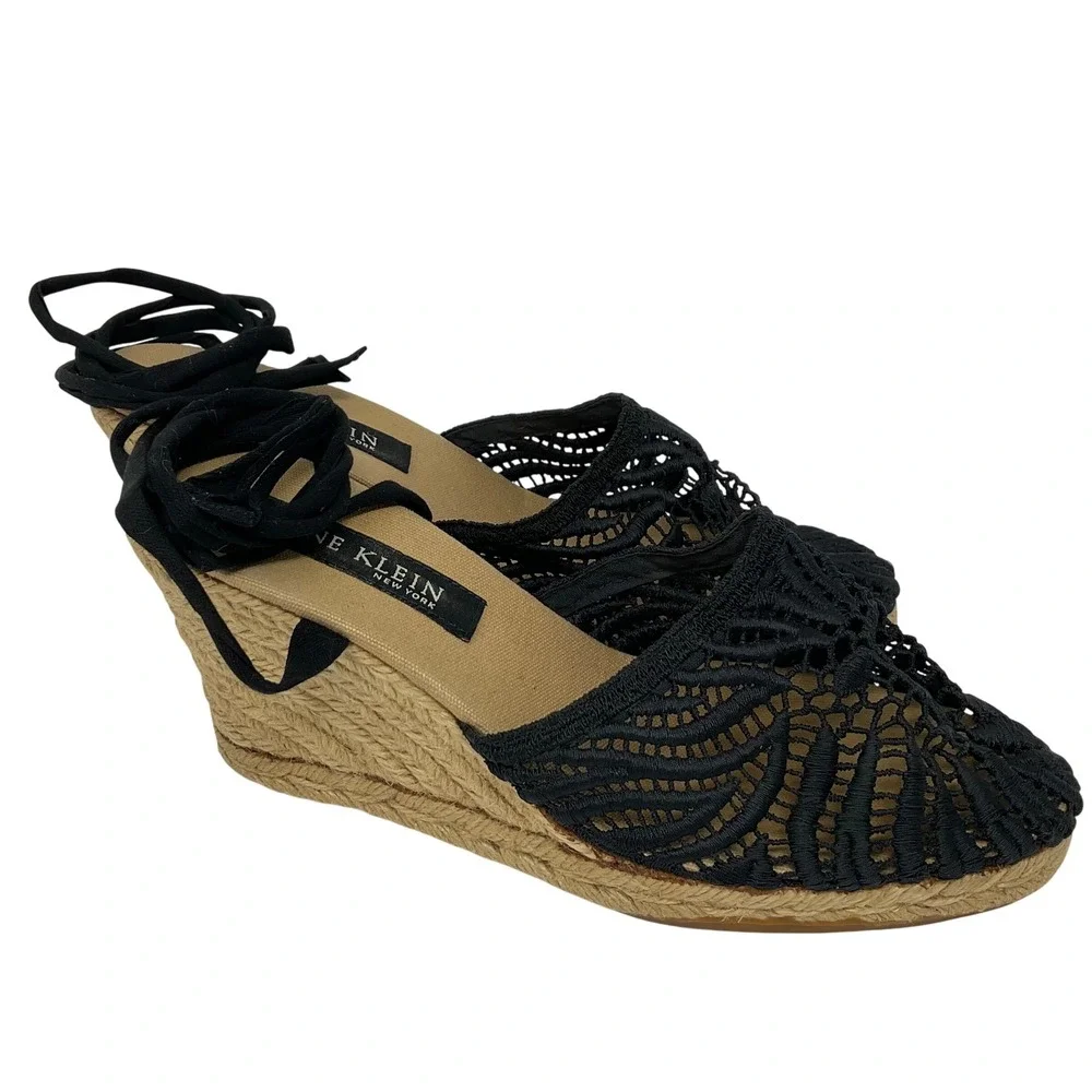 Anne Klein Espadrille Wedge Sandals Black Lace Up Ankle Wrap 38 7.5 Boho Classic